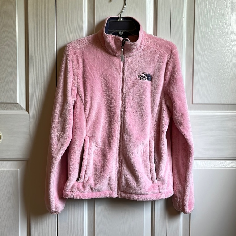 Pink fuzzy zip up north face jacket